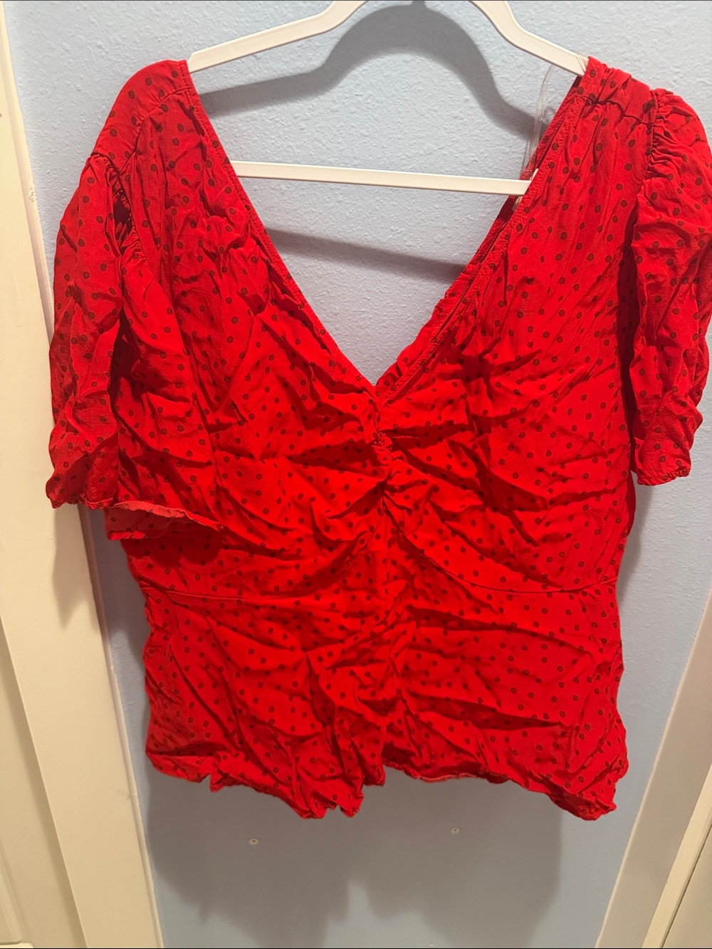 a new day Red V‑Neck Puff Sleeve Dot Blouse